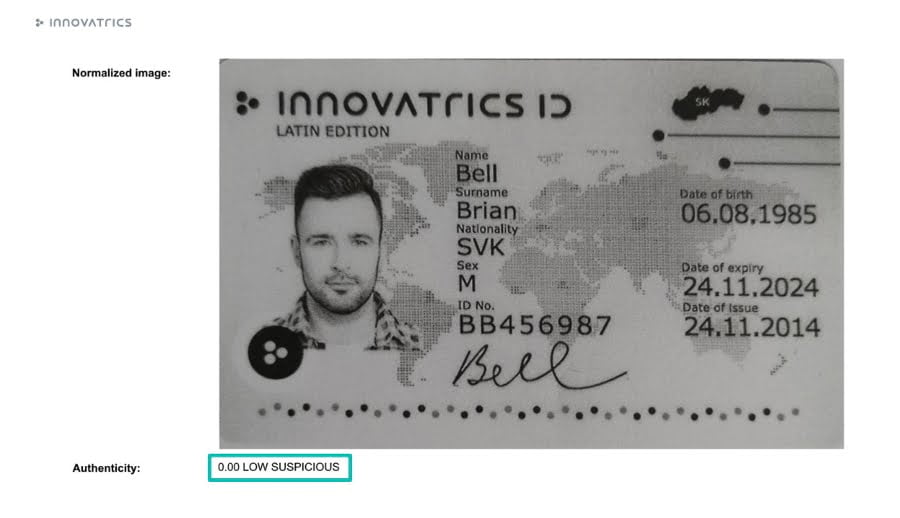 Innovatrics Digital Onboarding Toolkit can evaluate the authenticity of the ID based on the color profile. 